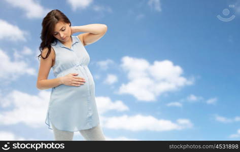 pregnancy, health, people and expectation concept - pregnant woman touching her neck and suffering from ache over blue sky and clouds background