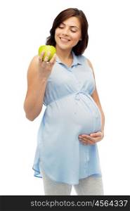 pregnancy, healthy eating, food and people concept - happy pregnant woman holding green apple over white background