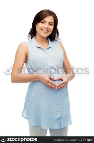 pregnancy, love, people and expectation concept - happy pregnant woman making heart gesture on belly over white background