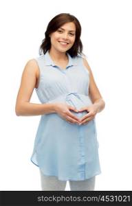 pregnancy, love, people and expectation concept - happy pregnant woman making heart gesture on belly over white background