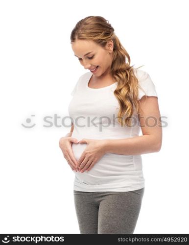 pregnancy, love, people and expectation concept - happy pregnant woman showing heart gesture. happy pregnant woman showing heart gesture