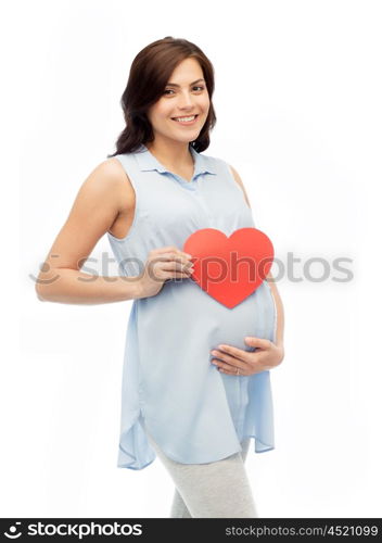 pregnancy, love, people and expectation concept - happy pregnant woman with red heart shape touching her belly over white background