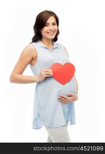 pregnancy, love, people and expectation concept - happy pregnant woman with red heart shape touching her belly over white background