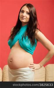 Pregnancy, motherhood and happiness concept. Attractive pregnant woman in scarf touching her belly on red background