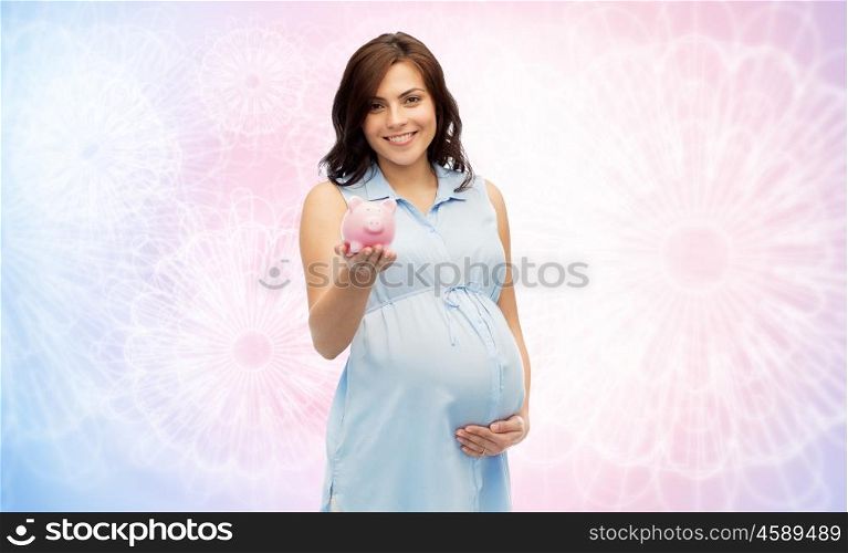 pregnancy, motherhood, finance, saving and people concept - happy pregnant woman with piggybank over rose quartz and serenity pattern background