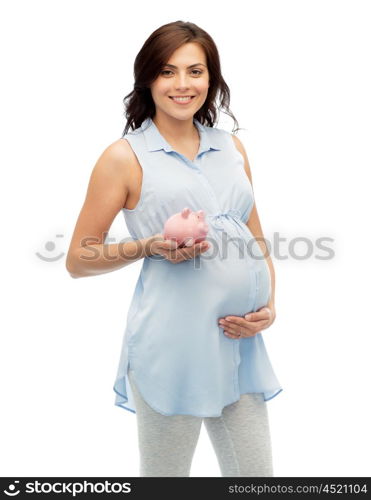 pregnancy, motherhood, finance, saving and people concept - happy pregnant woman with piggybank over white background
