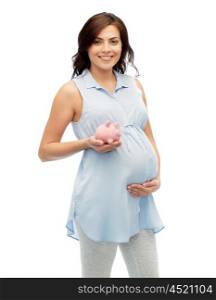 pregnancy, motherhood, finance, saving and people concept - happy pregnant woman with piggybank over white background