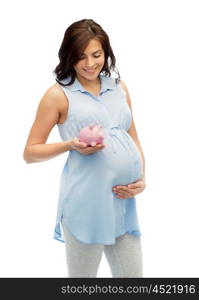 pregnancy, motherhood, finance, saving and people concept - happy pregnant woman with piggybank over white background