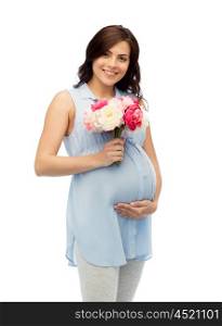 pregnancy, motherhood, holidays, people and expectation concept - happy pregnant woman with flowers touching her big belly over white background