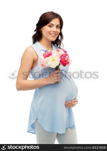 pregnancy, motherhood, holidays, people and expectation concept - happy pregnant woman with flowers touching her big belly over white background