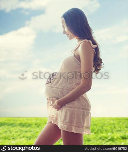 pregnancy, motherhood, people and expectation concept - happy pregnant woman in chemise over green field and blue sky background