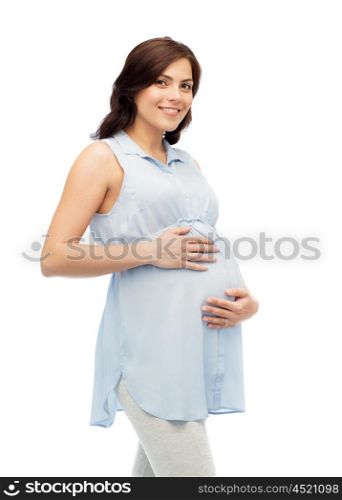 pregnancy, motherhood, people and expectation concept - happy pregnant woman touching her big belly over white background