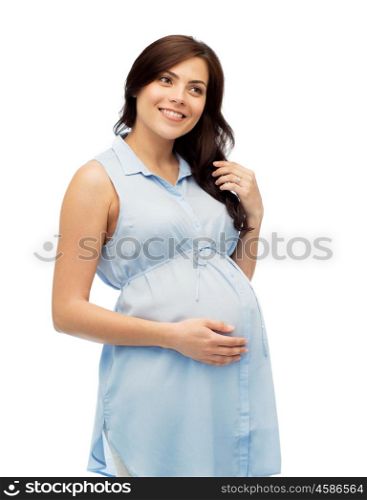 pregnancy, motherhood, people and expectation concept - happy pregnant woman touching her big belly over white background