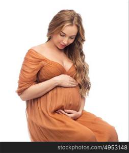 pregnancy, motherhood, people and expectation concept - happy pregnant woman touching her big belly over white background. happy pregnant woman touching her big belly