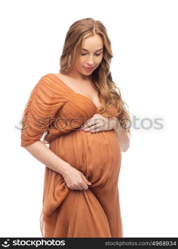 pregnancy, motherhood, people and expectation concept - happy pregnant woman touching her big belly over white background. happy pregnant woman touching her big belly