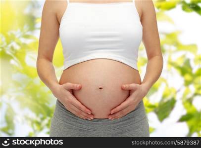 pregnancy, motherhood, people, summer and expectation concept - close up of pregnant woman touching her bare tummy over green tree leavers background