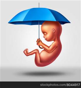 Pregnancy protection medical symbol as a human fetus holding an umbrella as a prenatal health care medicine concept to prevent disease to an unborn child with 3D illustration elements.