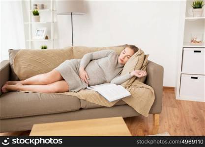 pregnancy, rest, people and expectation concept - happy pregnant woman sleeping on sofa at home. happy pregnant woman sleeping on sofa at home