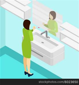Pregnancy Test Isometric Illustration . Pregnancy positive test with woman looking in a mirror isometric vector illustration
