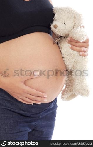 Pregnancy woman with teddy bear a over white background