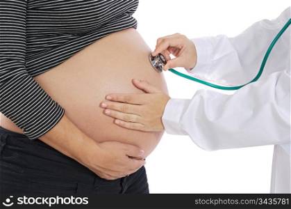 Pregnant examined by a doctor a over white background