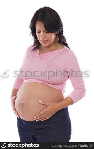 Pregnant girl feeling kicked on a white background