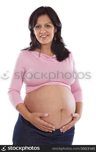 Pregnant girl feeling kicked on a white background