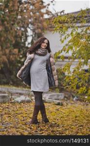 Pregnant girl in among the autumn leaves.. Portrait of a pregnant girl on autumn walk in the Park 9714.