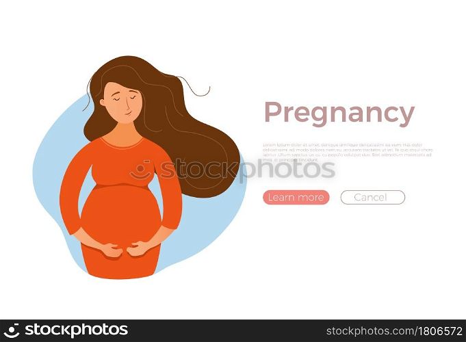 Pregnant happy young girl vector colorful cartoon illustration. Beautiful expectant mother caressing her belly. Motherhood design concept for shops, magazines, promotions. Pregnant happy young girl vector colorful cartoon illustration