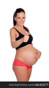 Pregnant in underwear saying Ok isolated on a white background