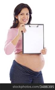 Pregnant whit blank paper on a over white background