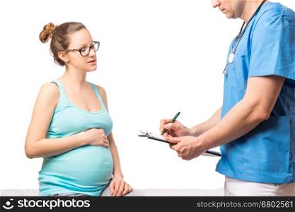 Pregnant woman and doctor with a folder isolated