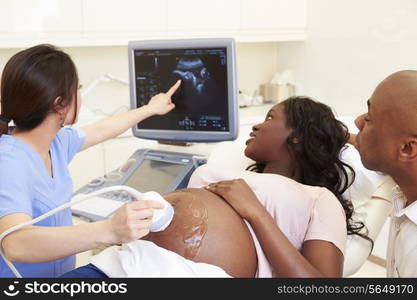 Pregnant Woman And Partner Having 4D Ultrasound Scan