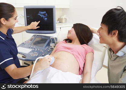 Pregnant Woman And Partner Having 4D Ultrasound Scan