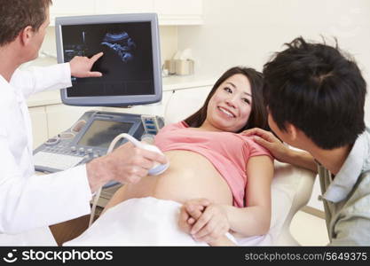 Pregnant Woman And Partner Having 4D Ultrasound Scan