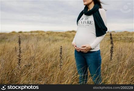 Pregnant woman caressing her tummy in the field. Pregnant woman caressing her tummy