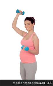Pregnant woman doing exercise with dumbbells isolated on white background