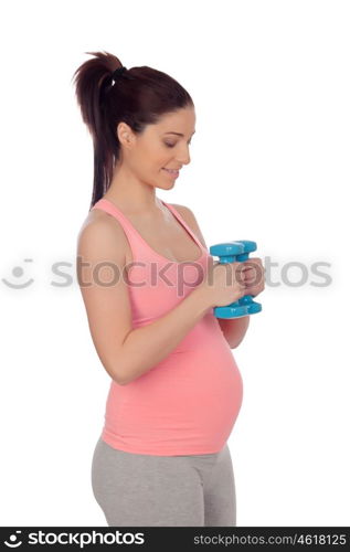 Pregnant woman doing exercise with dumbbells isolated on white background