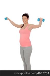 Pregnant woman doing exercise with dumbbells isolated on white background