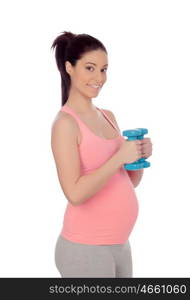 Pregnant woman doing exercise with dumbbells isolated on white background