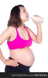 pregnant woman drink water from a bottle isolated on white background