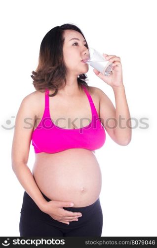 pregnant woman drink water from a glass isolated on white background