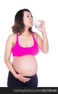 pregnant woman drink water from a glass isolated on white background