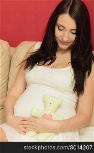 Pregnant woman expecting baby with cute teddy bear toy on her belly, sitting on sofa at home