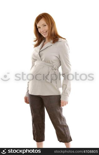 Pregnant woman fashion redhead portrait isolated on white background