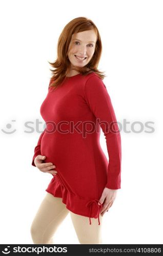 Pregnant woman fashion redhead portrait isolated on white background
