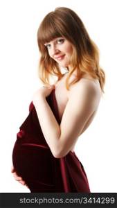 pregnant woman holding her belly over white background