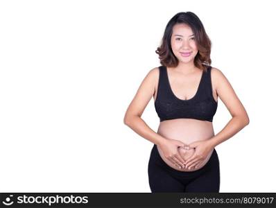 Pregnant Woman holding her hands in a heart shape on her belly isolated on white background