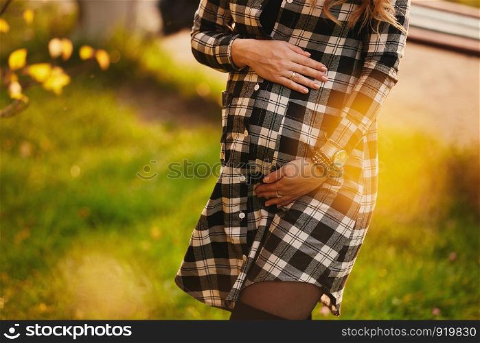 pregnant woman in a beautiful dress. Focus on the abdomen.