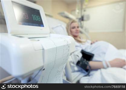 Pregnant woman in the hospital, measuring a blood pressure, preparation to childbirth, healthy pregnancy concept
